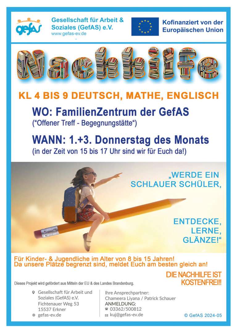 Wir bieten kostenfreie Nachhilfe für die Klassen 4 bis 9 in Deutsch, Mathe und Englisch an! 📚 Wo? FamilienZentrum der GefAS (Offener Treff - Begegnungsstätte) 🗓 Wann? Jeden 1. und 3. Donnerstag im Monat von 15:00 bis 17:00 Uhr 💰 Kostenfrei!