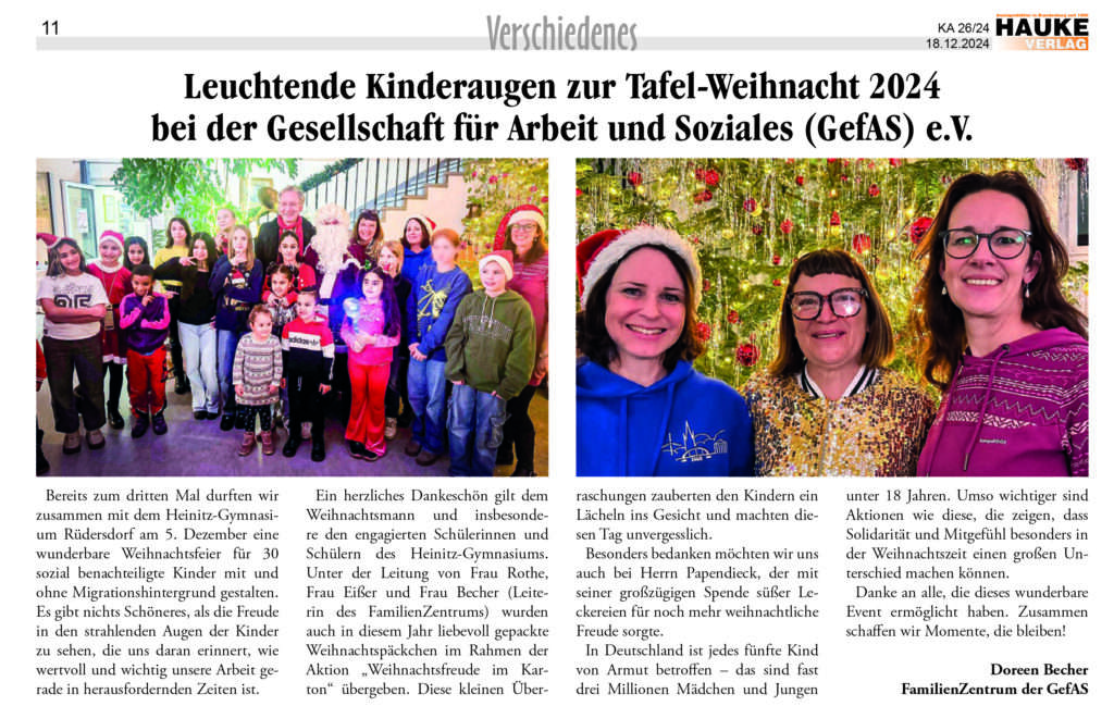 Leuchtende Kinderaugen zur Tafel-Weihnacht 2024 bei der Gesellschaft für Arbeit und Soziales (GefAS) e.V.