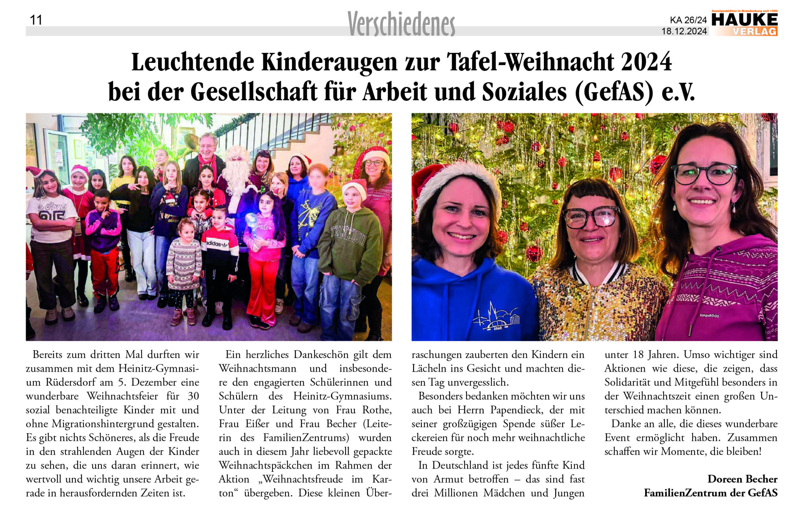 Leuchtende Kinderaugen zur Tafel-Weihnacht 2024 bei der Gesellschaft für Arbeit und Soziales (GefAS) e.V.