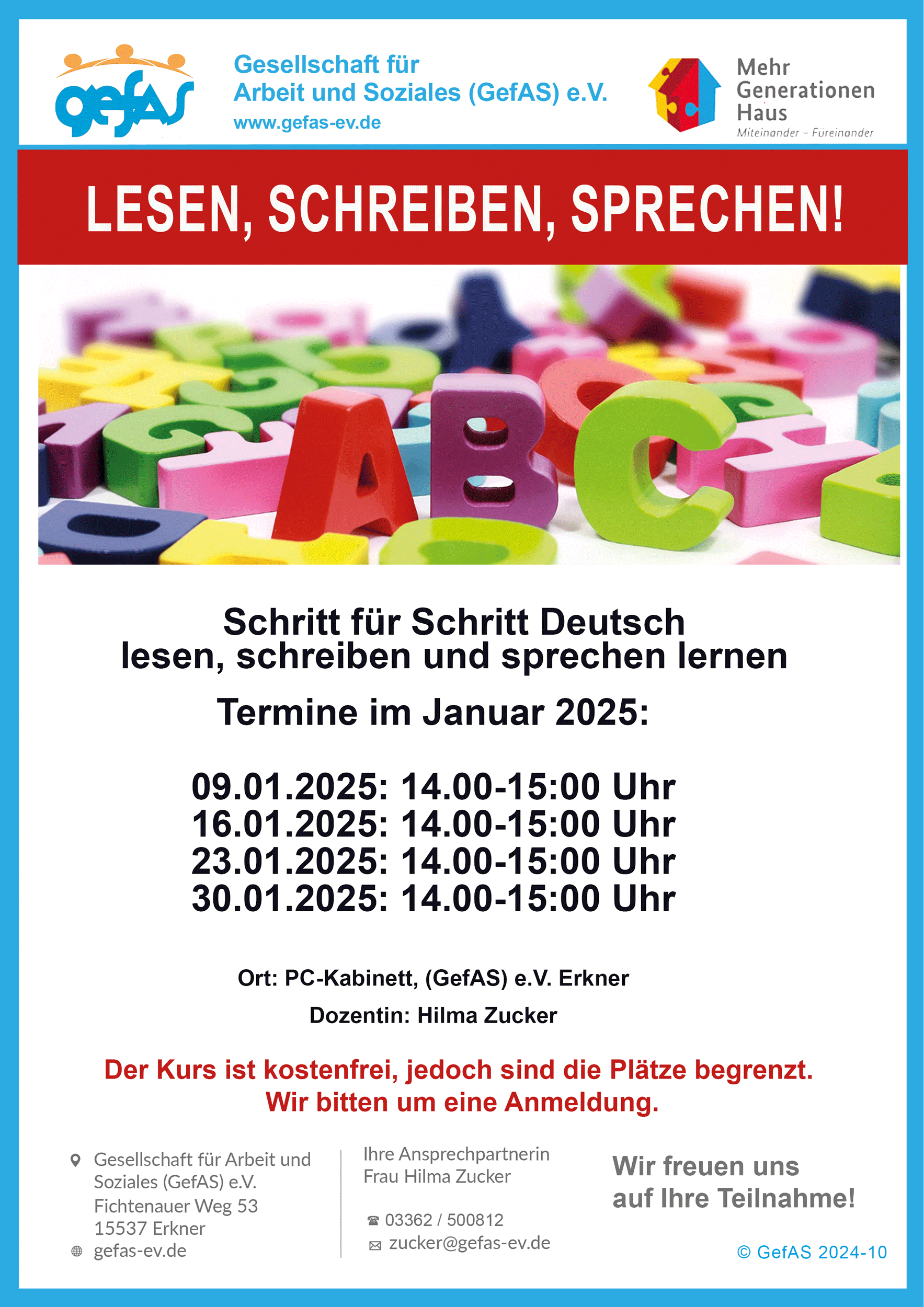 Alphabetisierungskurs für Erwachsene – Terminplan für Januar 2025, GefAS e.V. Errkner