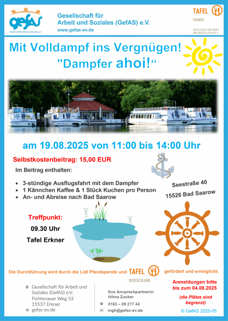 am 19.08.2025 von 11:00 bis 14:00 Uhr,Im Beitrag enthalten: • 3-stündige Ausflugsfahrt mit dem Dampfer • 1 Kännchen Kaffee & 1 Stück Kuchen pro Person • An- und Abreise nach Bad Saarow