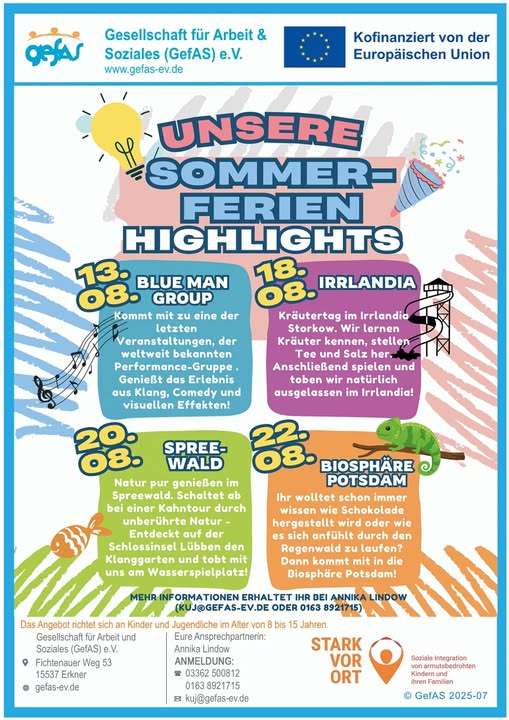 Sommerferien Highlights für Kinder und Jugendliche! Bei der GefAs e.V in Erkner