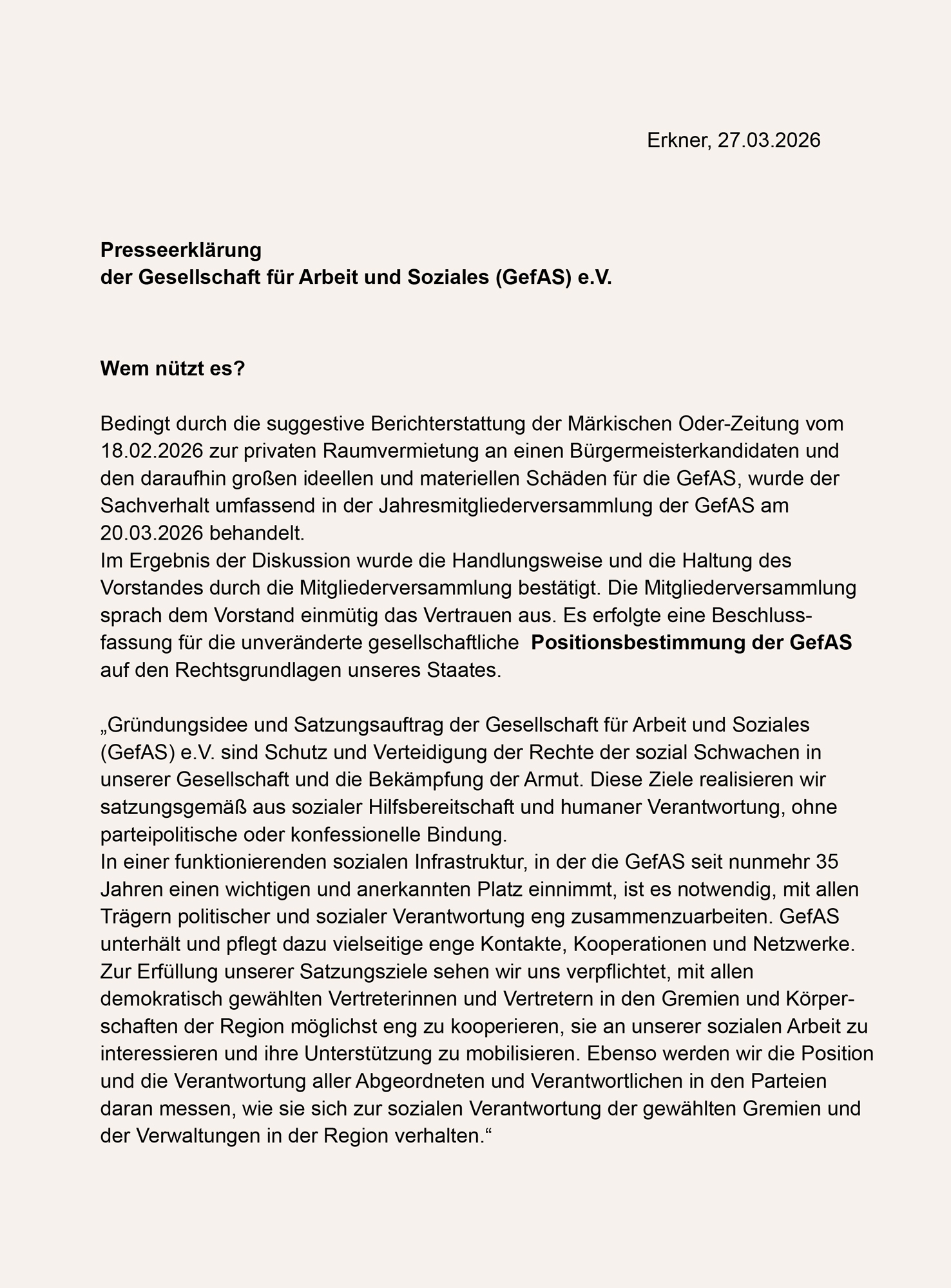 Presseerklärung der Gesellschaft für Arbeit und Soziales (GefAS) e.V. Wem