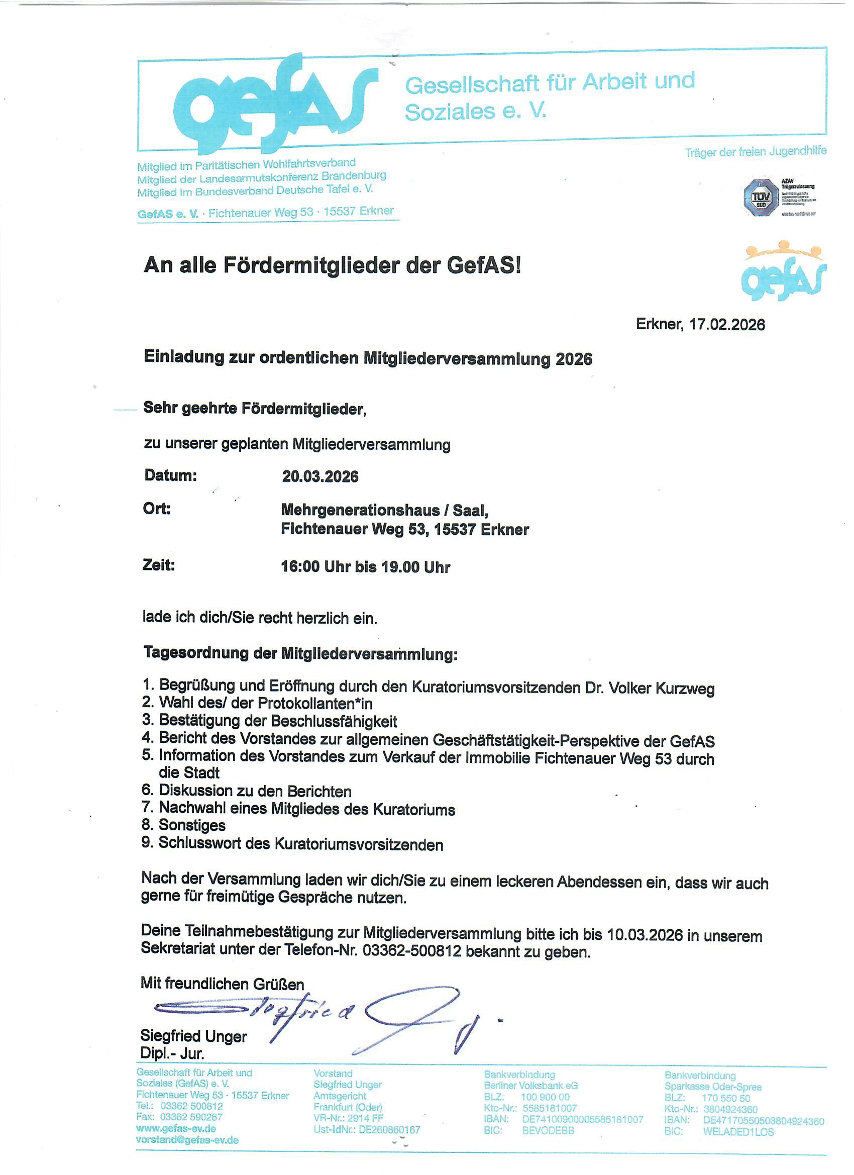 Einladung zur ordentlichen Mitgliederversammlung 2026