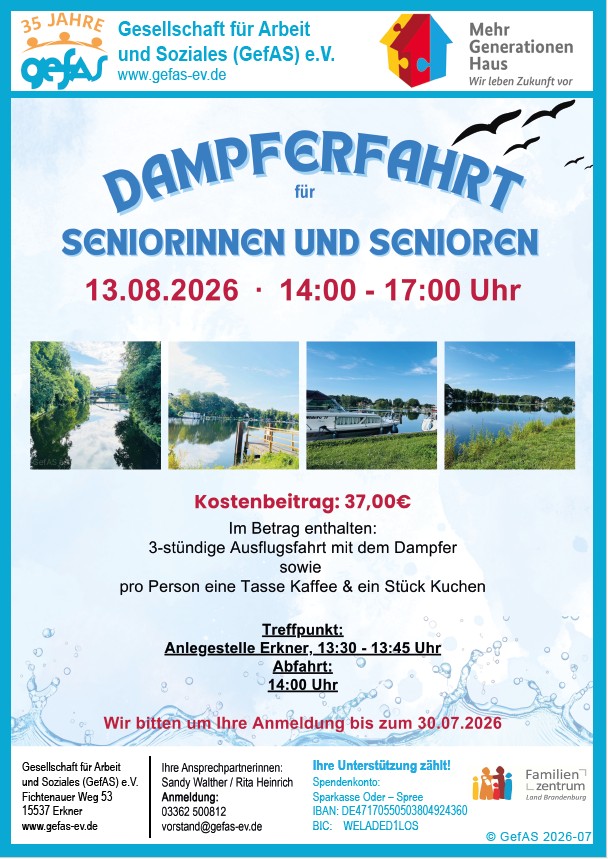 Dampferfahrt für Seniorinnen und Senioren